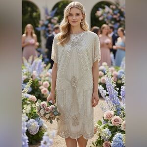 Vintage Lillie Rubin Ivory Sequin Dress Hand Beaded Size M